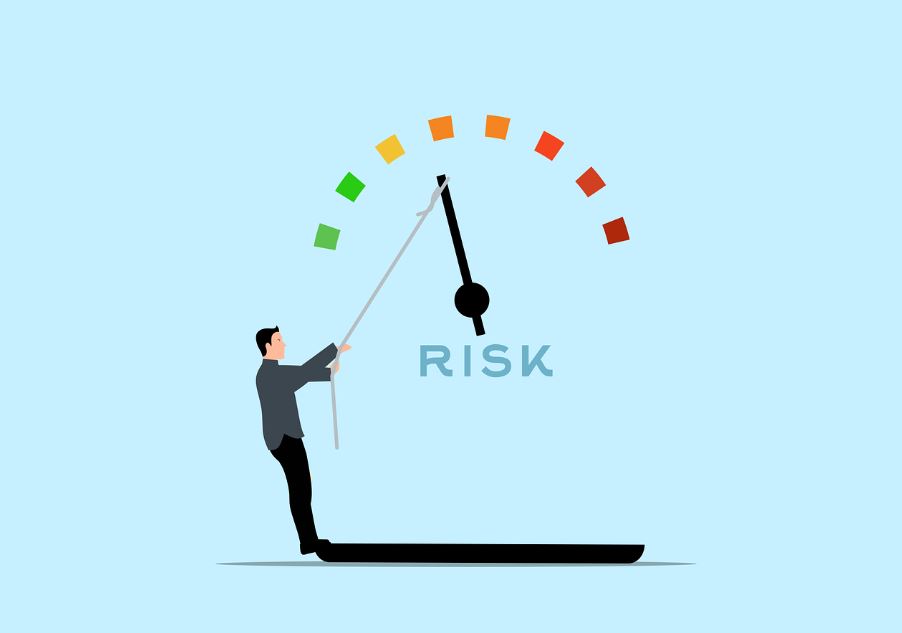 Man hanging off of a ledge pulling down a risk meter.