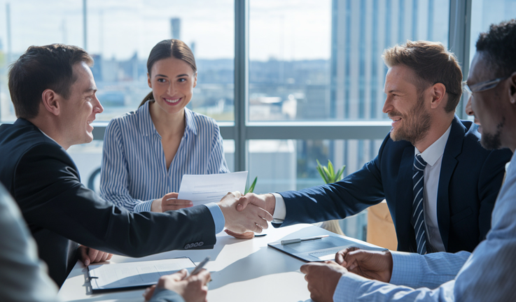 Four business professionals in navy suits shake hands at a bright glass meeting table with white papers and blue city views.